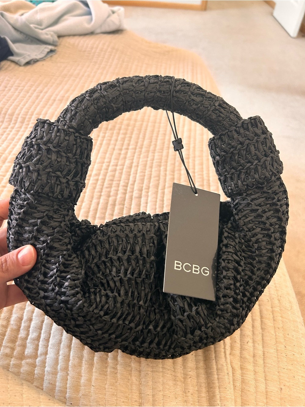 BCBG Black Woven Round Neck croissant Handle Bag